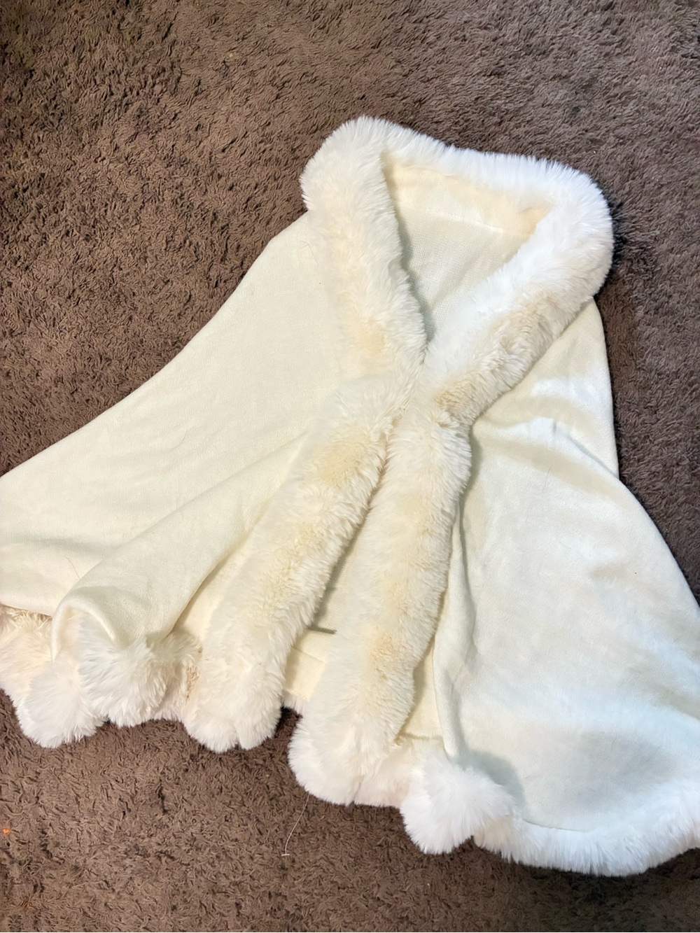 Cream Faux Fur Trim Hooded Cape - Women Jackets & Coats